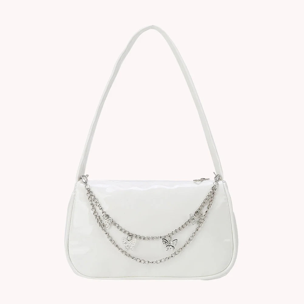 Vintage Women Butterfly Chain Underarm Bag Casual Solid Patent PU Purse