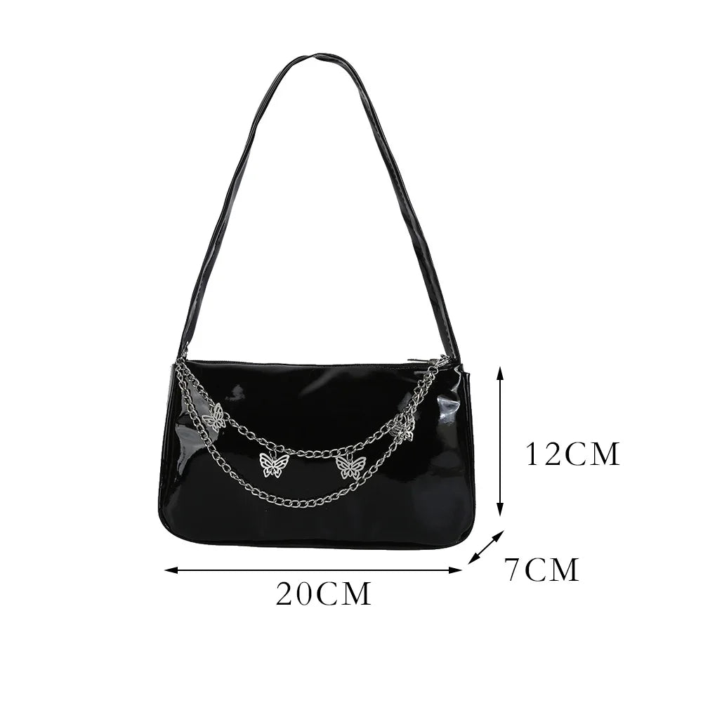 Vintage Women Butterfly Chain Underarm Bag Casual Solid Patent PU Purse
