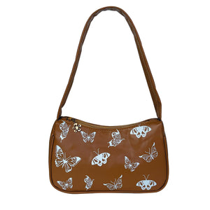 Vintage Women Casual Butterfly Print PU Leather Small Shoulder Bag