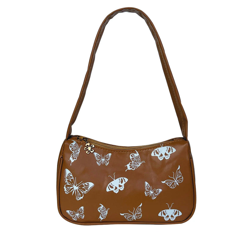Vintage Women Casual Butterfly Print PU Leather Small Shoulder Bag