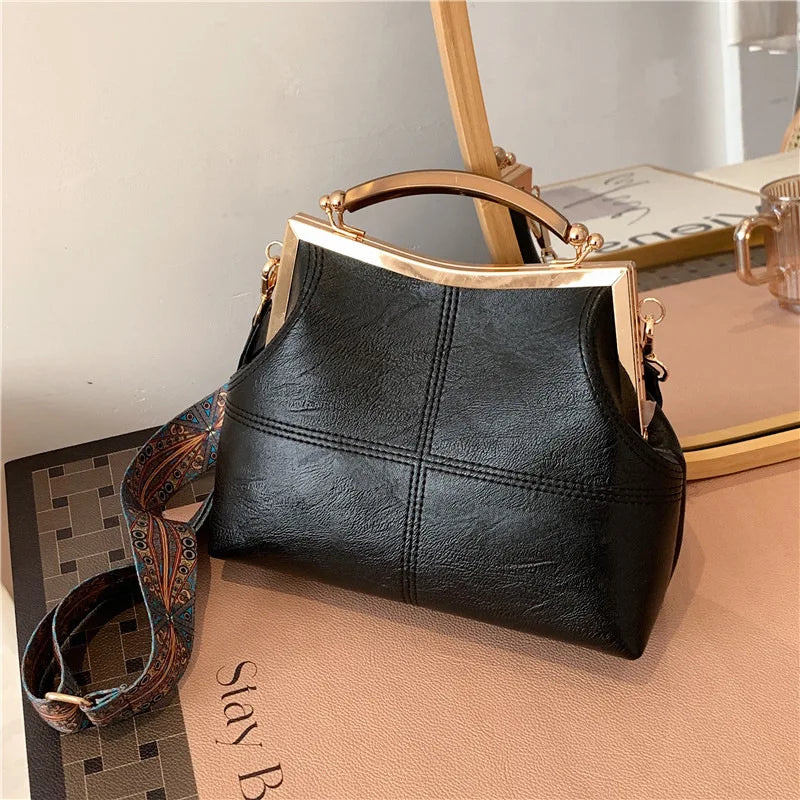 Vintage PU Leather Crossbody Bag Wide Strap Handbag Plaid Clip Purse