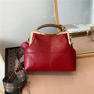 Vintage PU Leather Crossbody Bag Wide Strap Handbag Plaid Clip Purse
