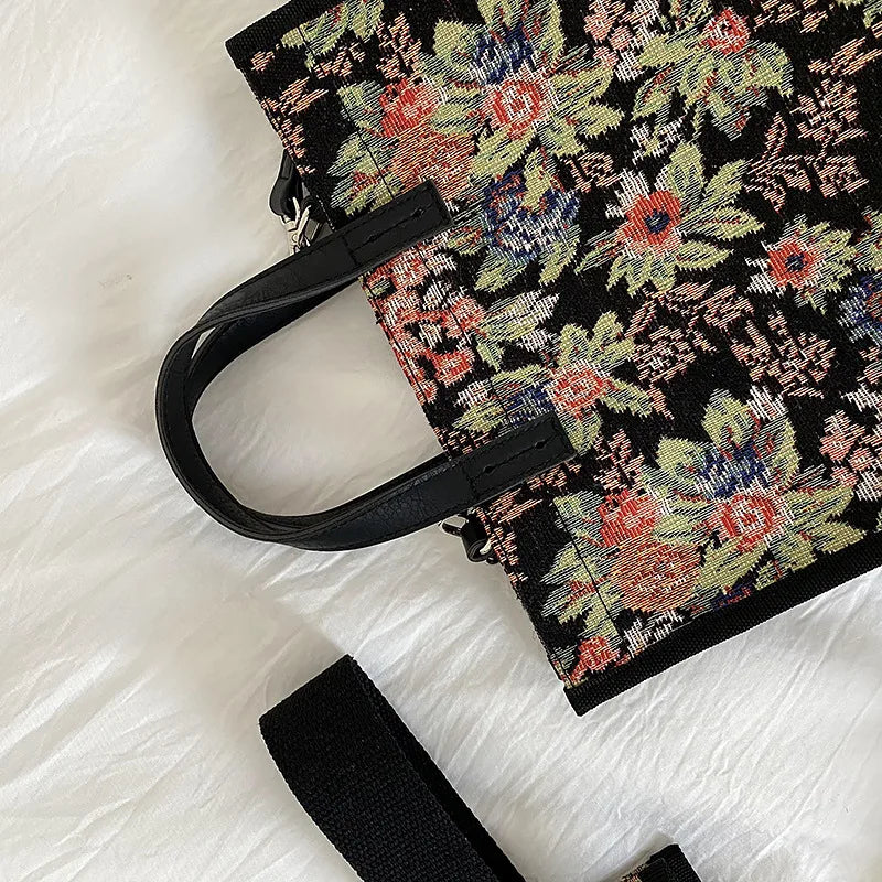 Vintage Floral Shoulder Bag Mini Square Canvas Tote Style Female Crossbody