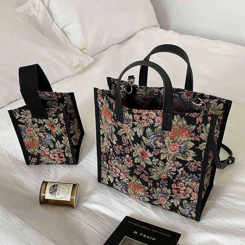 Vintage Floral Shoulder Bag Mini Square Canvas Tote Style Female Crossbody