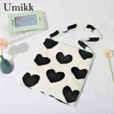 Vintage Women Handbag Large Capacity Soft Plush Ladies Tote Bag Love Print