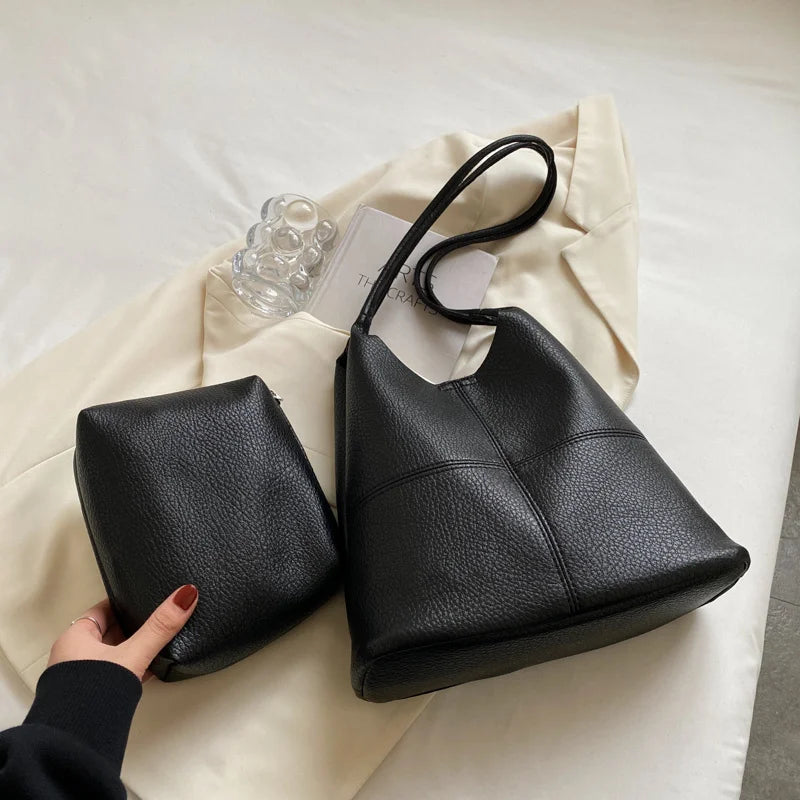 Vintage Women Hobo Bags High Soft Leather Bucket Bag Casual Patchwork Handbag