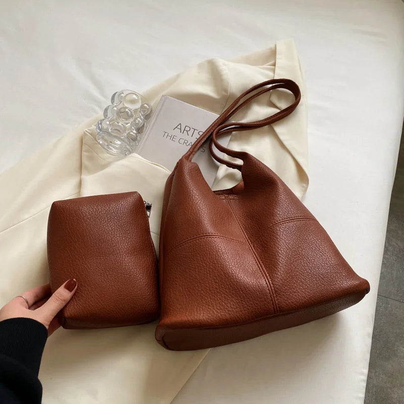 Vintage Women Hobo Bags High Soft Leather Bucket Bag Casual Patchwork Handbag