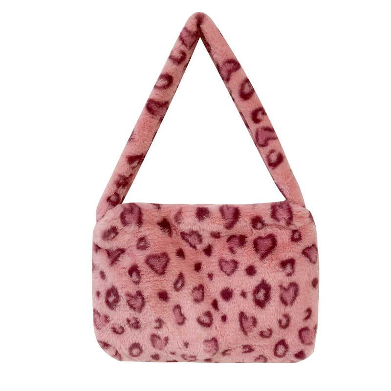 Vintage Women Leopard Plush Print Shoulder Bag
