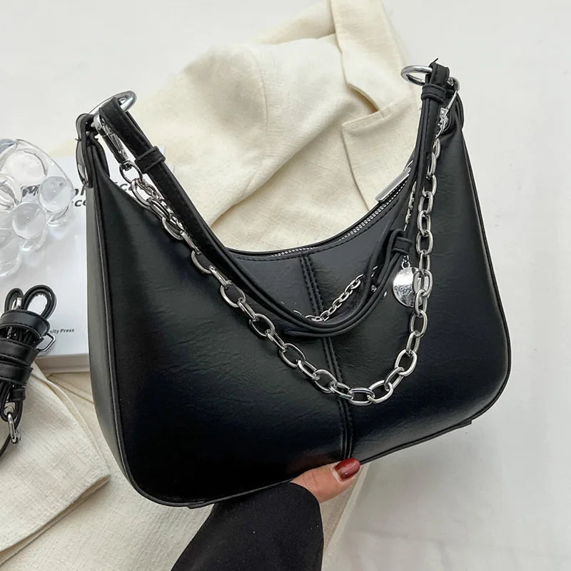 Vintage PU Leather Crossbody Armpit Bags Chain Saddle Lady Shoulder Bags