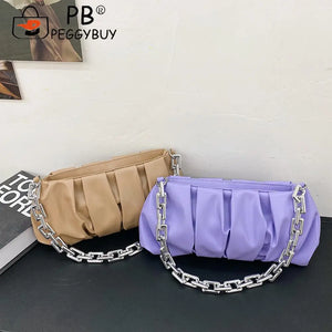 Vintage Women PU Leather Pleated Shoulder Bag Acrylic Thick Chain Handbag