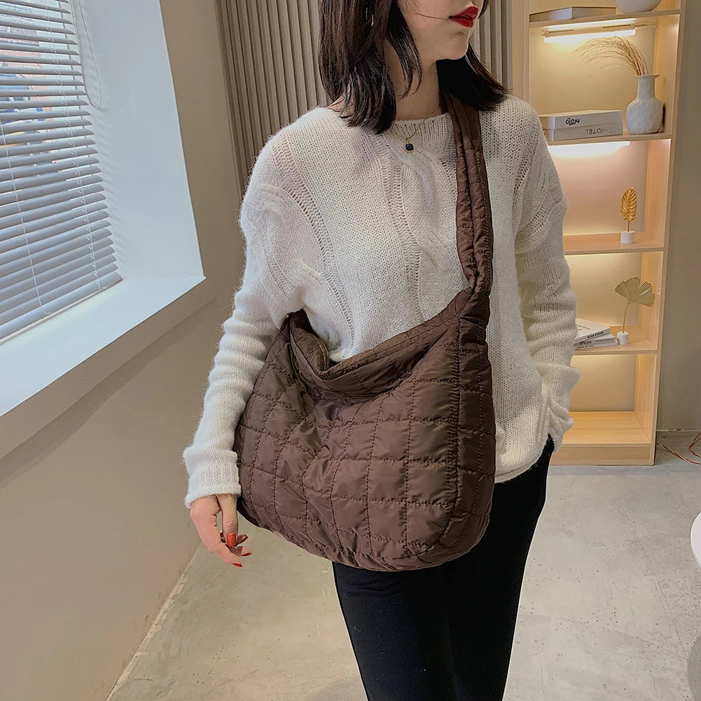 Vintage Quilted Shoulder Bag Winter Handbag Female Nylon Crossbody