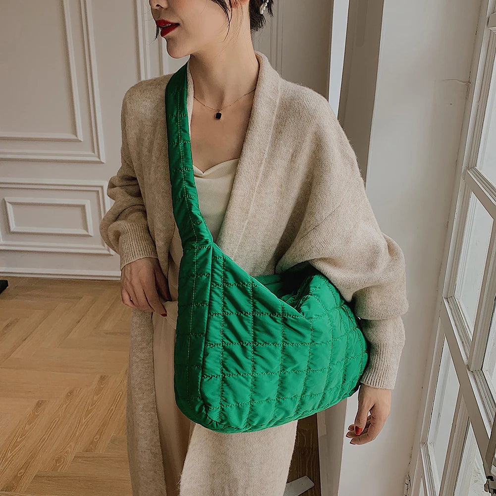 Vintage Quilted Shoulder Bag Winter Handbag Female Nylon Crossbody