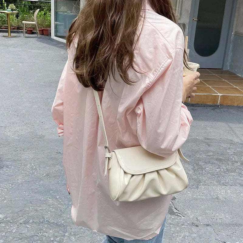 Vintage Women Pleated Shoulder Bag Casual All-match Ladies Small Handbag Purse