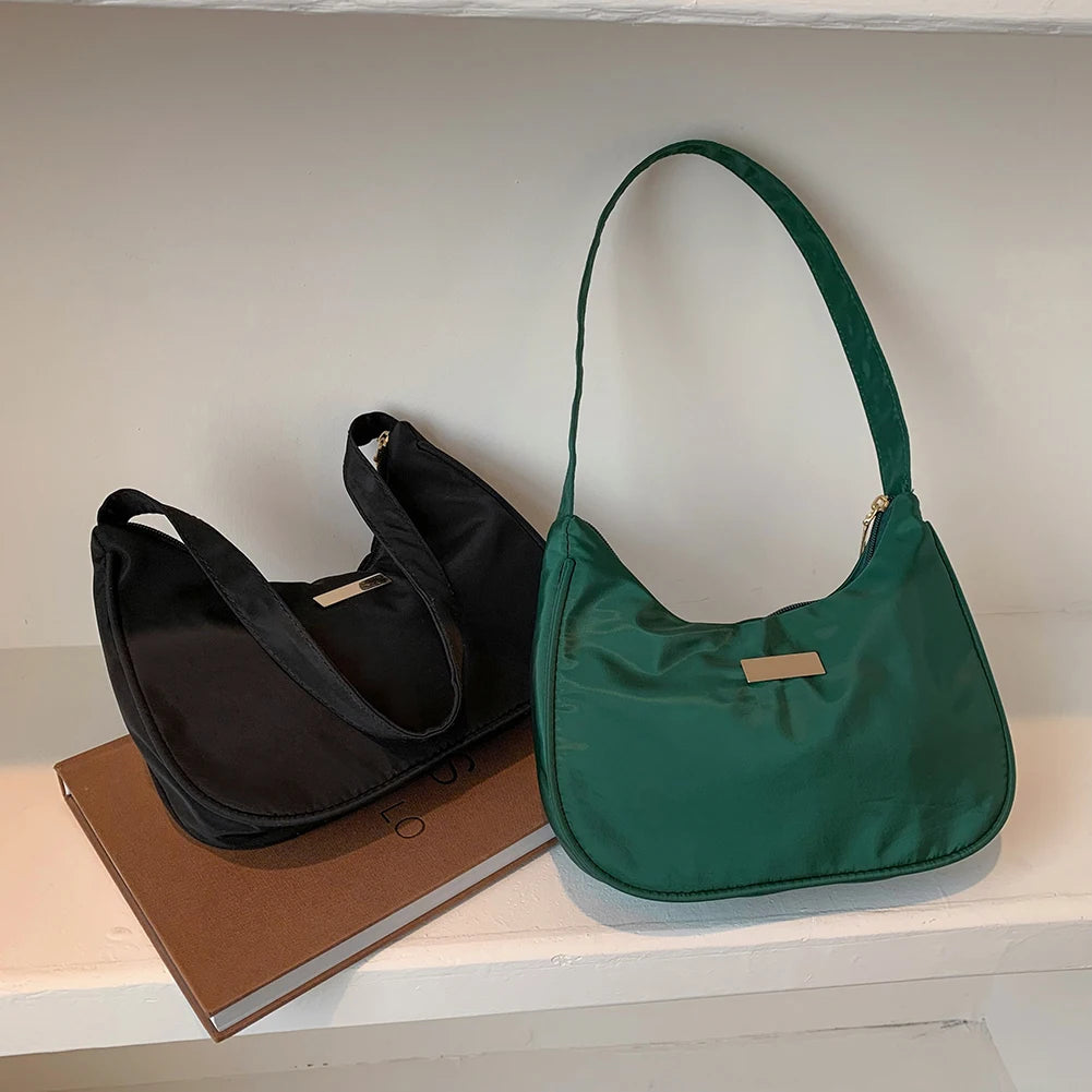 Vintage Women Shoulder Bag Solid Crescent Underarm Bags Ladies Nylon Small Purse