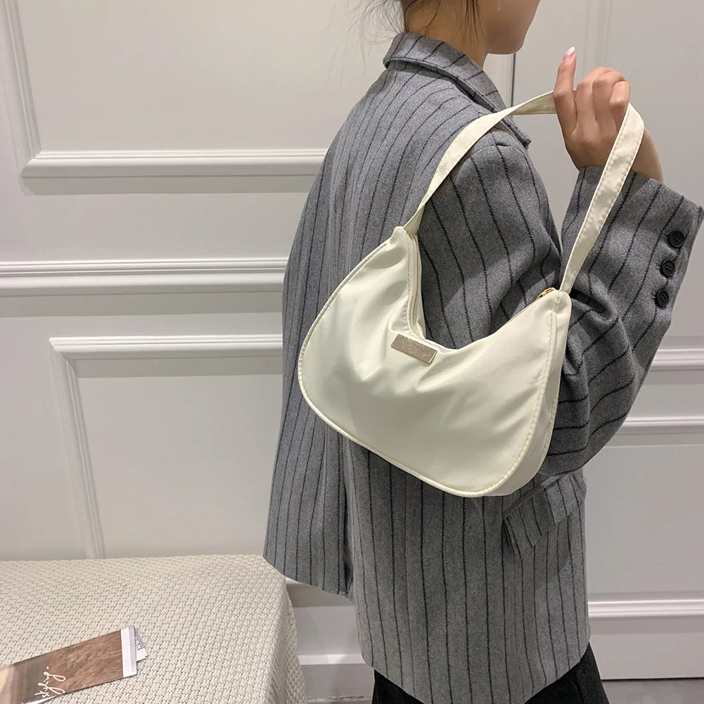 Vintage Women Shoulder Bag Solid Crescent Underarm Bags Ladies Nylon Small Purse