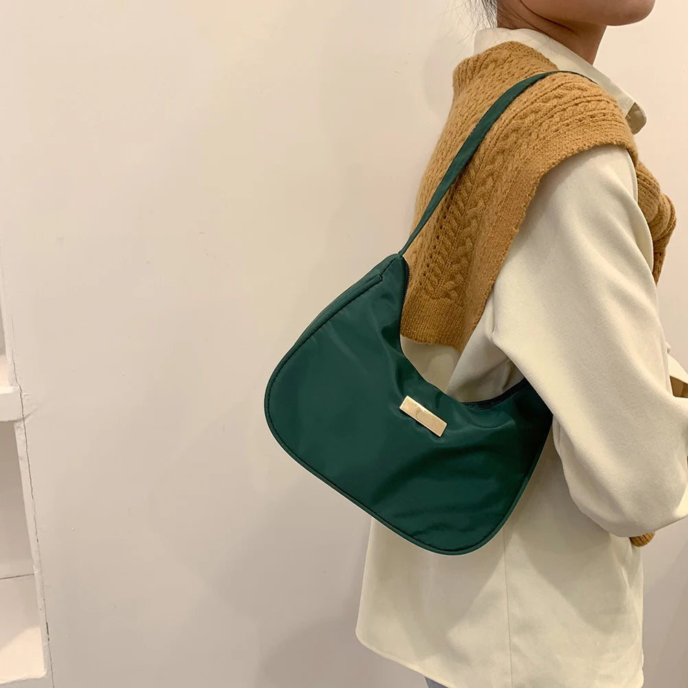Vintage Women Shoulder Bag Solid Crescent Underarm Bags Ladies Nylon Small Purse