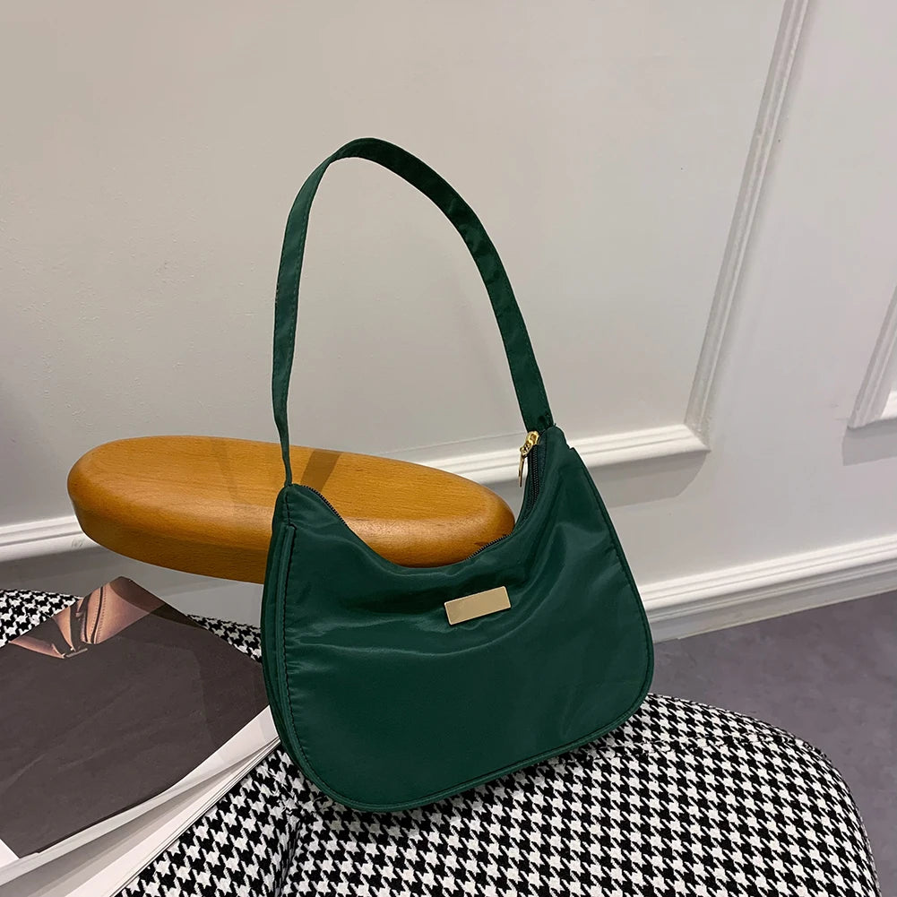 Vintage Women Shoulder Bag Solid Crescent Underarm Bags Ladies Nylon Small Purse