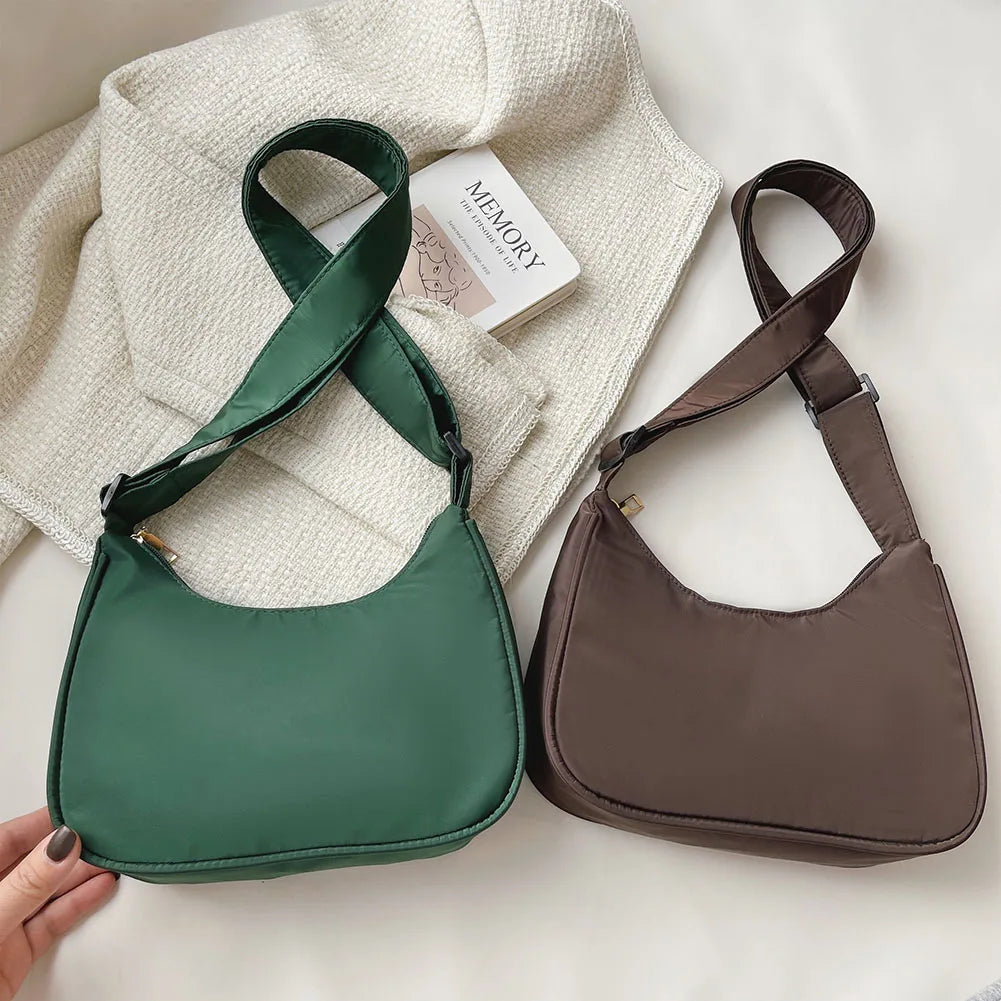 Vintage Women Shoulder Bag Solid Crescent Underarm Bags Casual Ladies Nylon Cros