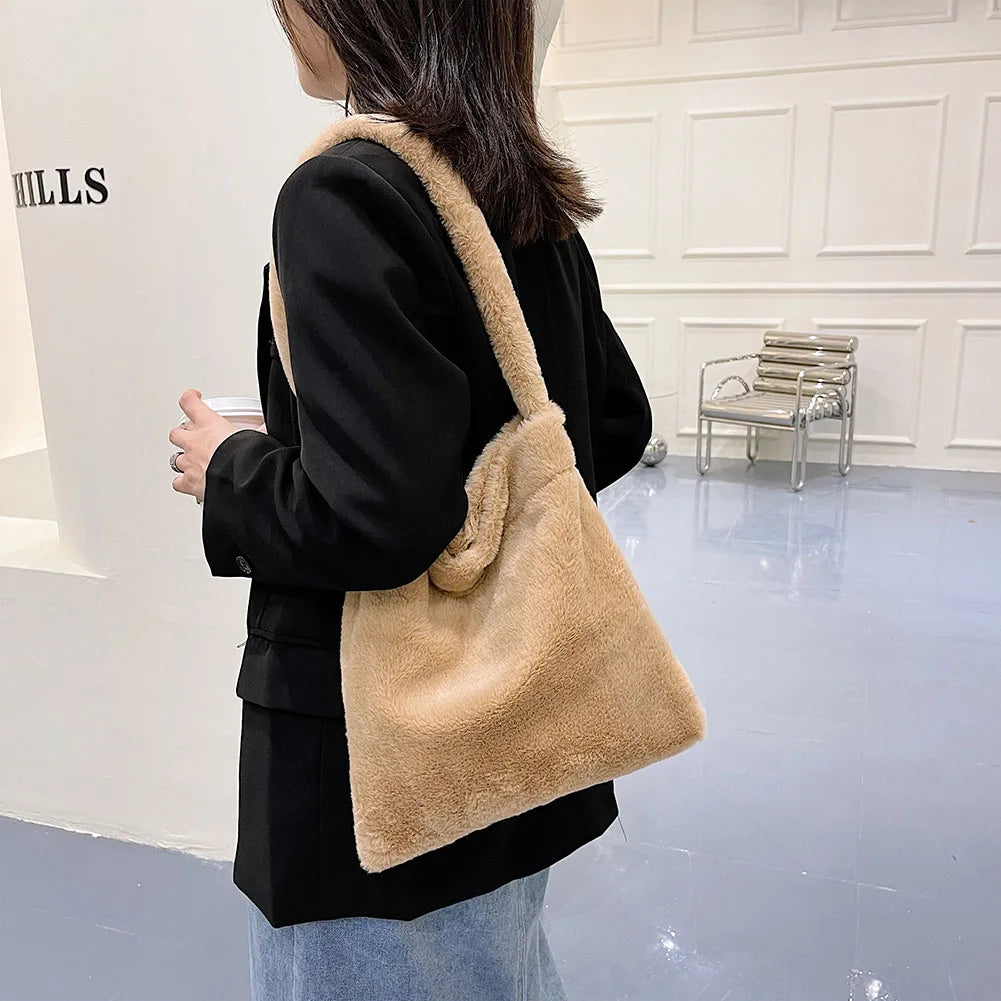 Vintage Plush Women Shoulder Bag Winter Handbag Underarm Shopping Tote