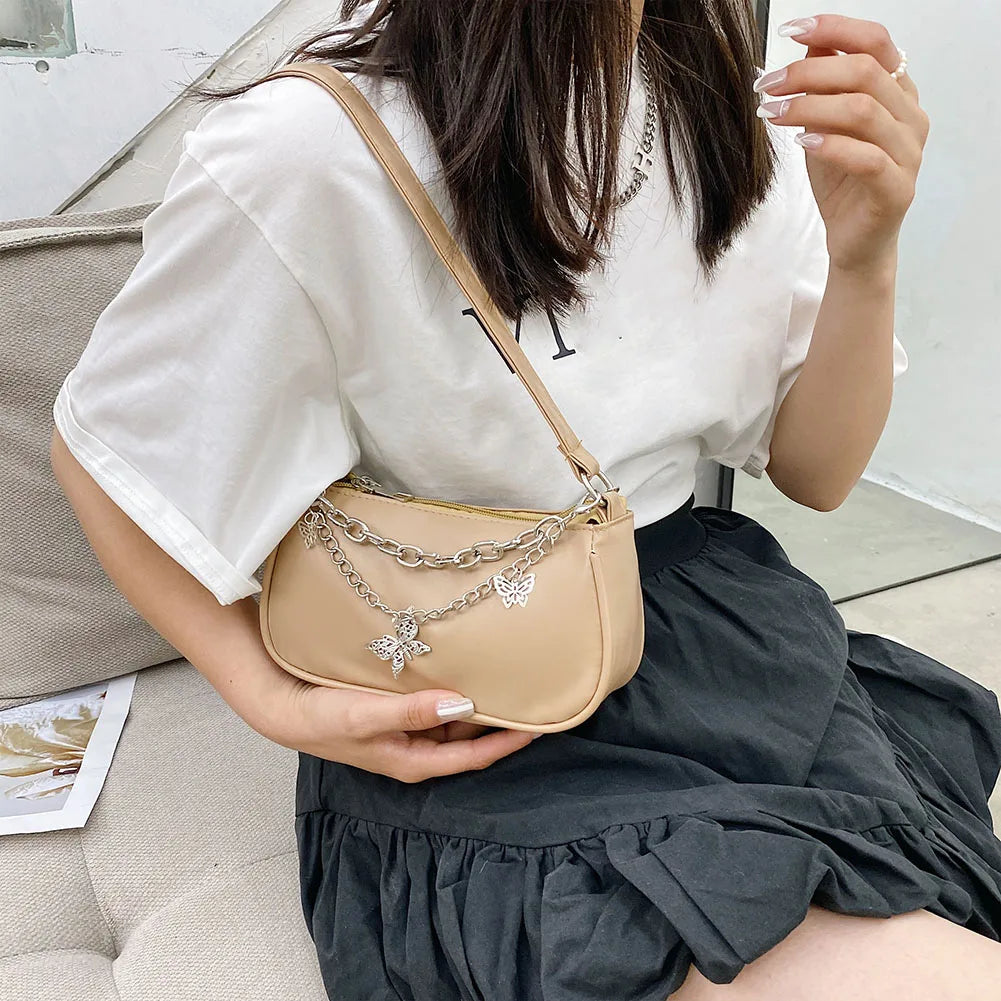 Vintage Women Square Bags Butterfly Double Chain Shoulder Underarm Bag