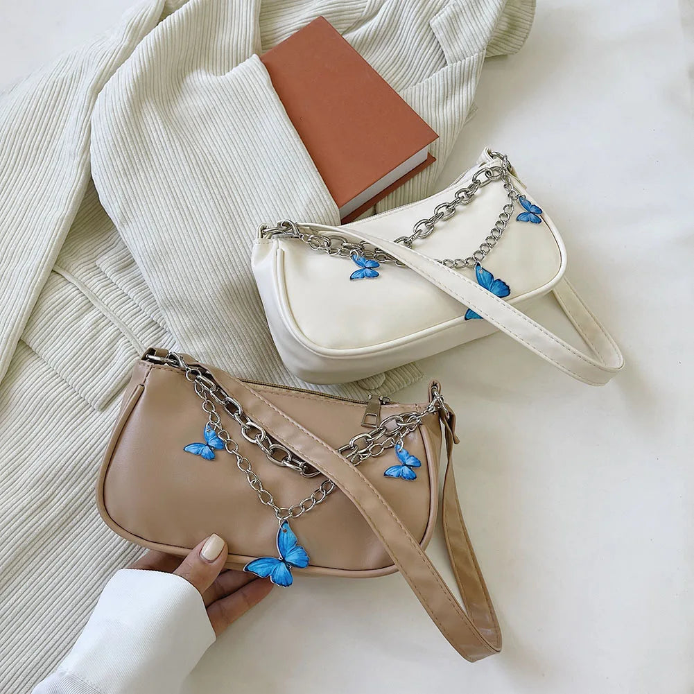 Vintage Women Square Bags Butterfly Double Chain Shoulder Underarm Bag