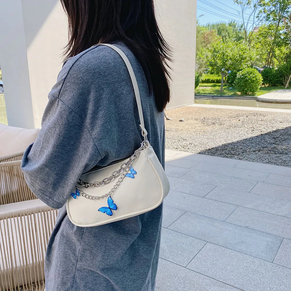 Vintage Women Square Bags Butterfly Double Chain Shoulder Underarm Bag