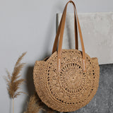 Vintage Straw Woven Round Shoulder Bag Beach Hollow Tote Bags