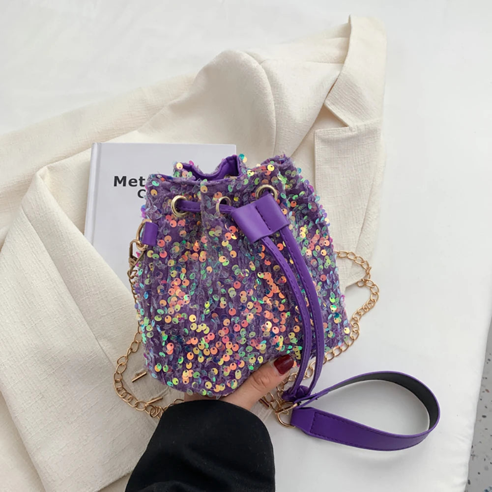 Vintage Women Top-Handle Bag Sequins Drawstring Solid Shoulder Bag