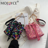 Vintage Women Top-Handle Bag Sequins Drawstring Solid Shoulder Bag
