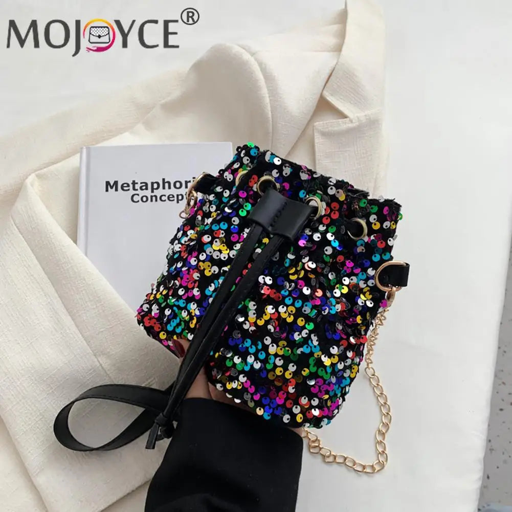 Vintage Women Top-Handle Bag Sequins Drawstring Solid Shoulder Bag