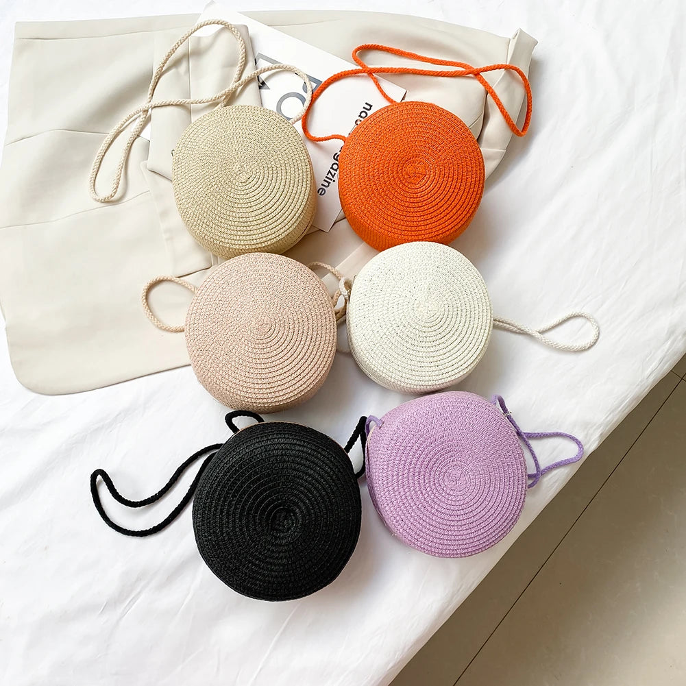 Vintage Women Woven Pure Shoulder Bag Ladies Beach Round Crossbody Bags