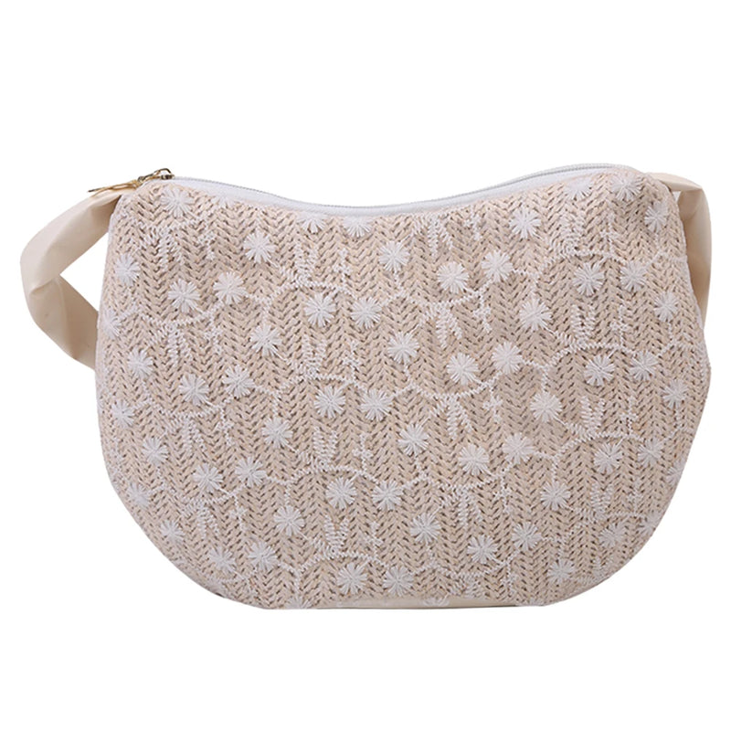 Vintage Woven Small Shoulder Underarm Bag Women Beach Vacation Mesh Flower Purse