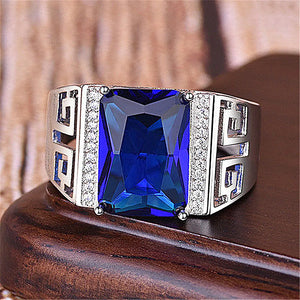Vintage Crystal Sapphire Gemstone Diamond Men's Ring Silver Jewelry