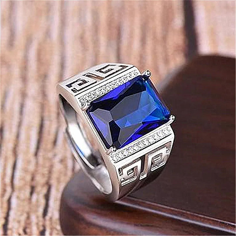 Vintage Crystal Sapphire Gemstone Diamond Men's Ring Silver Jewelry