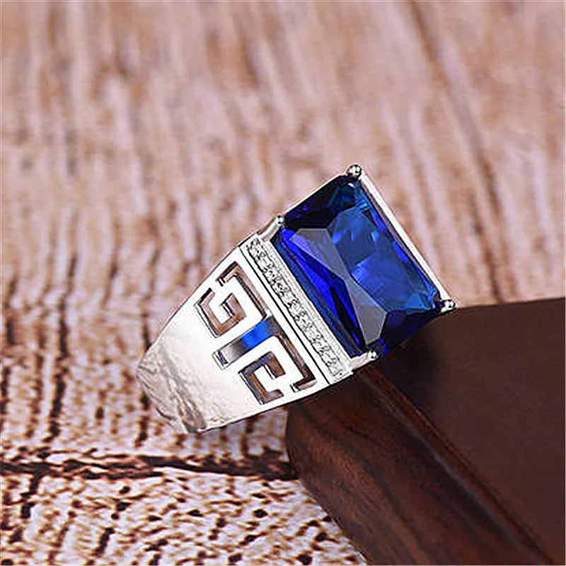 Vintage Crystal Sapphire Gemstone Diamond Men's Ring Silver Jewelry