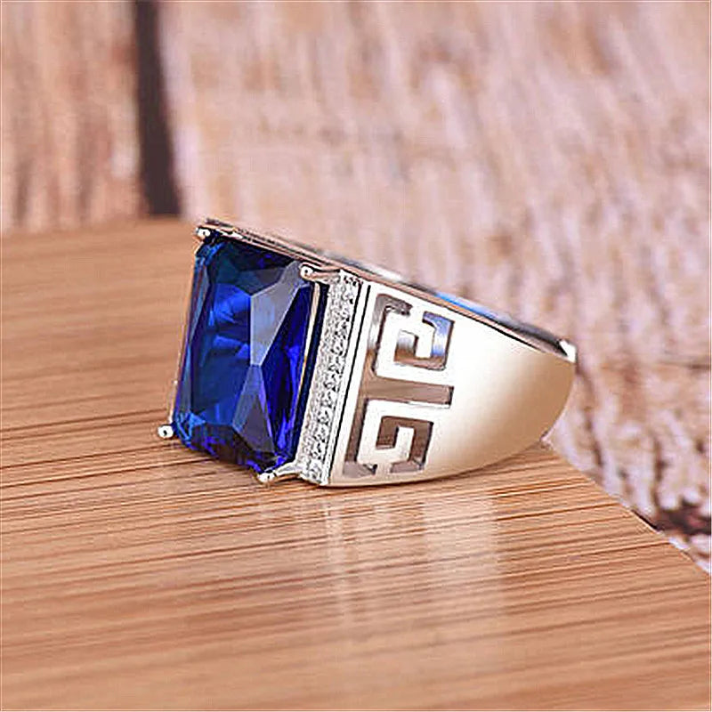 Vintage Crystal Sapphire Gemstone Diamond Men's Ring Silver Jewelry