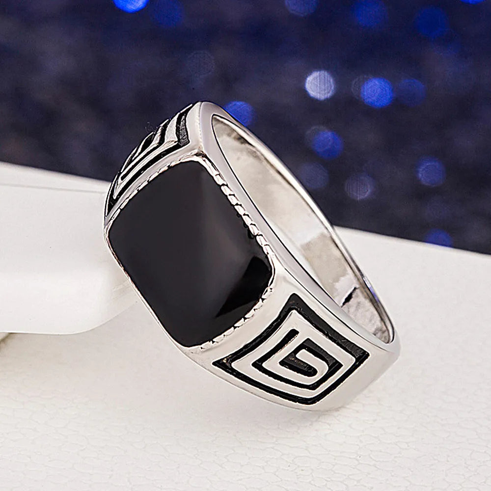 Vintage Enamel Carved Men's Ring Silver Masculine Jewelry