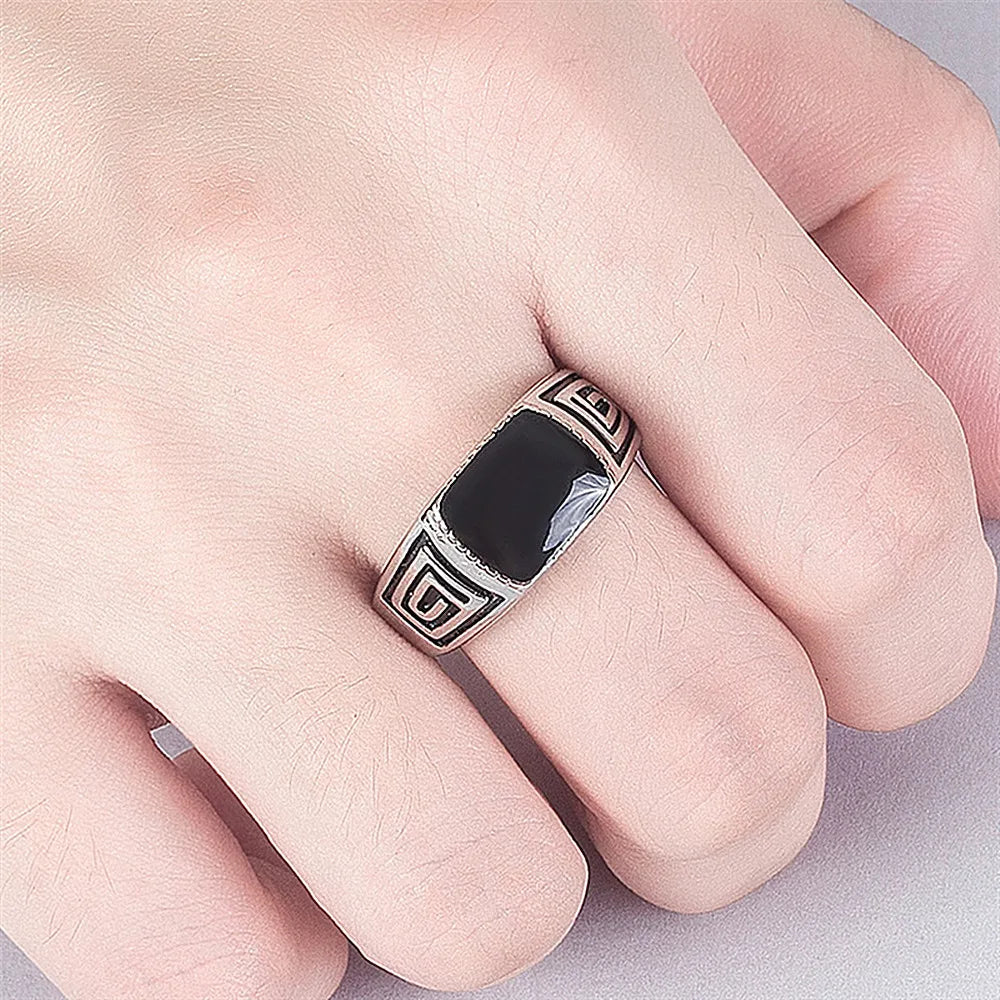Vintage Enamel Carved Men's Ring Silver Masculine Jewelry