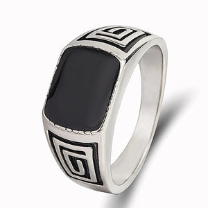 Vintage Enamel Carved Men's Ring Silver Masculine Jewelry