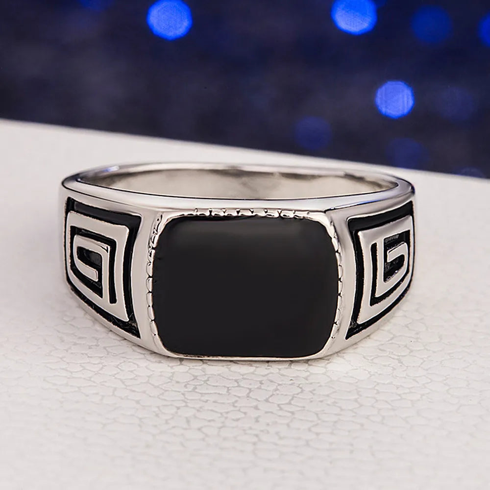 Vintage Enamel Carved Men's Ring Silver Masculine Jewelry
