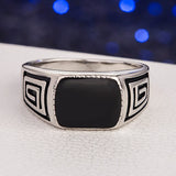 Vintage Enamel Carved Men's Ring Silver Masculine Jewelry