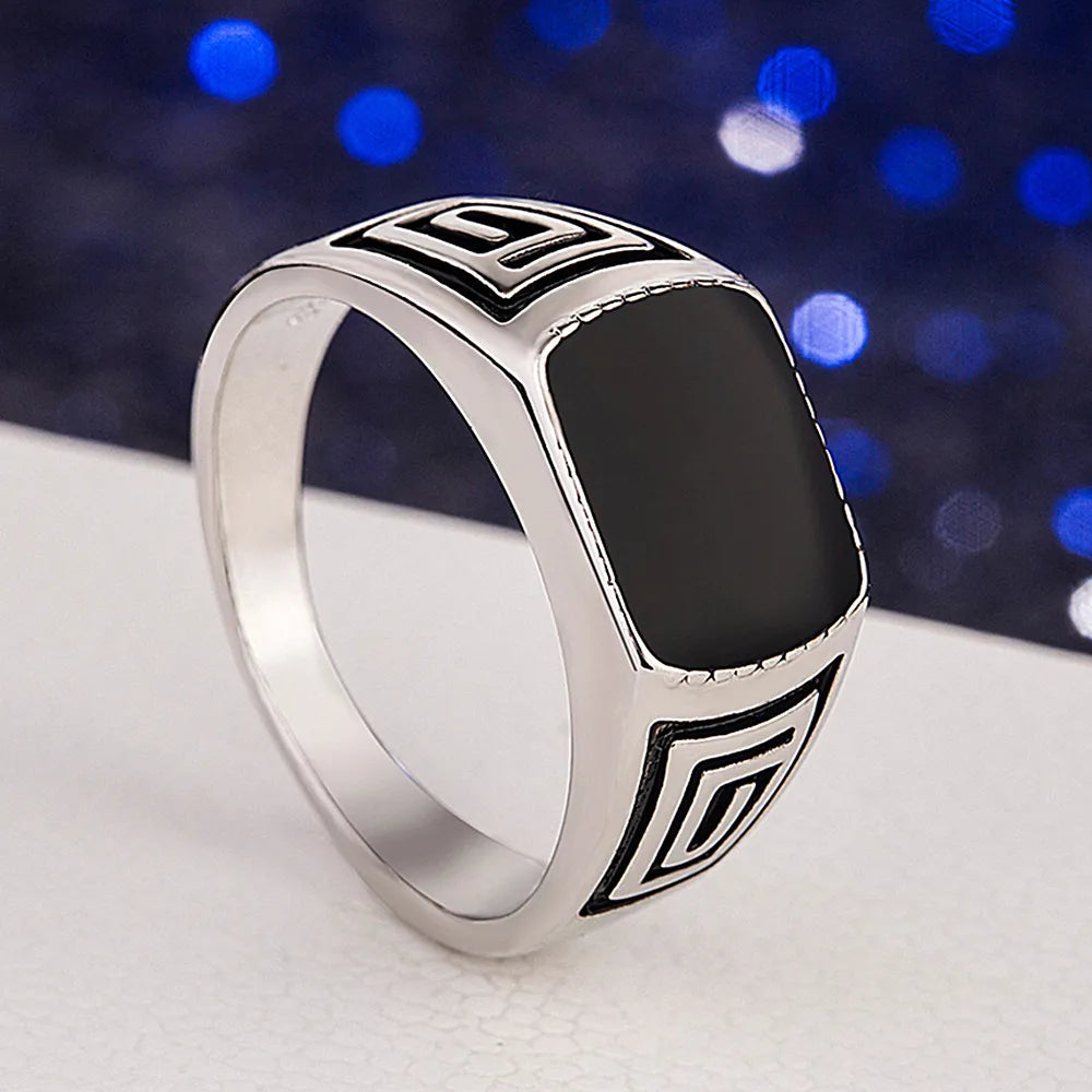 Vintage Enamel Carved Men's Ring Silver Masculine Jewelry