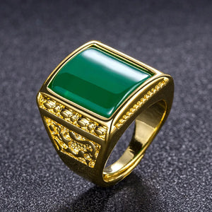Vintage Green Jade Gemstone Bague Ring for Men Tone Band Agate B