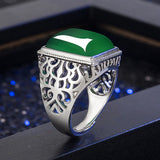 Vintage Green Jade Gemstone Ring for Men Silver Jewelry