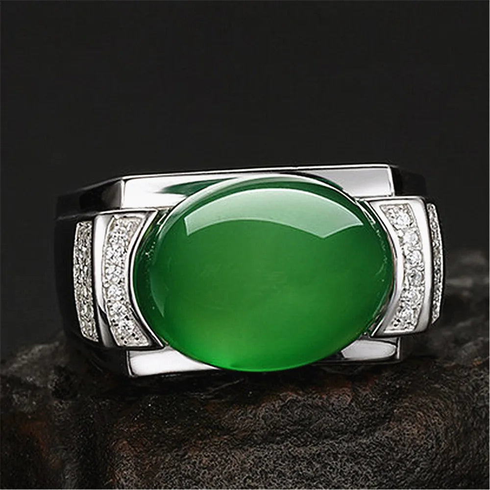 Vintage Emerald Agate Green Jade Gemstones Diamonds Rings for Men Silver Jewelry