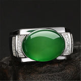 Vintage Emerald Agate Green Jade Gemstones Diamonds Rings for Men Silver Jewelry