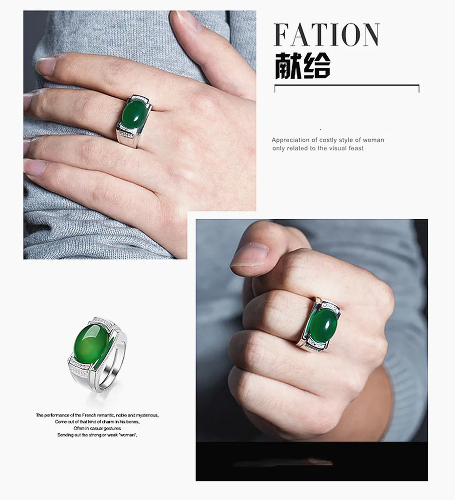 Vintage Emerald Agate Green Jade Gemstones Diamonds Rings for Men Silver Jewelry