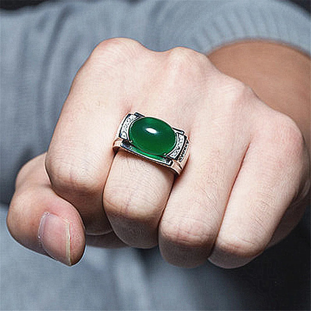 Vintage Emerald Agate Green Jade Gemstones Diamonds Rings for Men Silver Jewelry