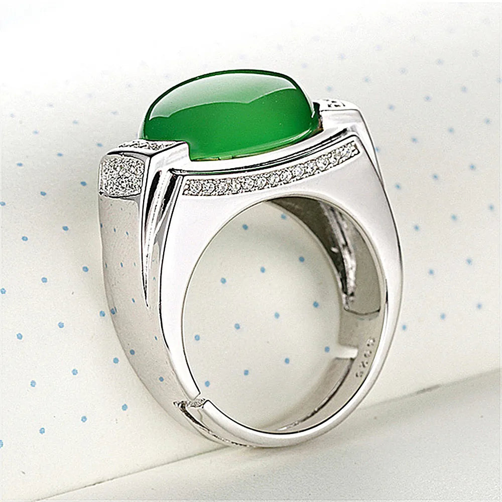 Vintage Emerald Agate Green Jade Gemstones Diamonds Rings for Men Silver Jewelry