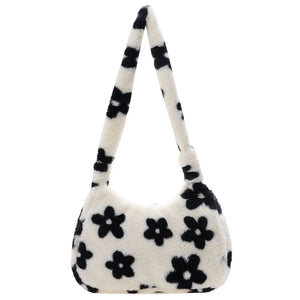 Vintage Plush Fur Flower Shoulder Bag Winter Casual Small Armpit Bag